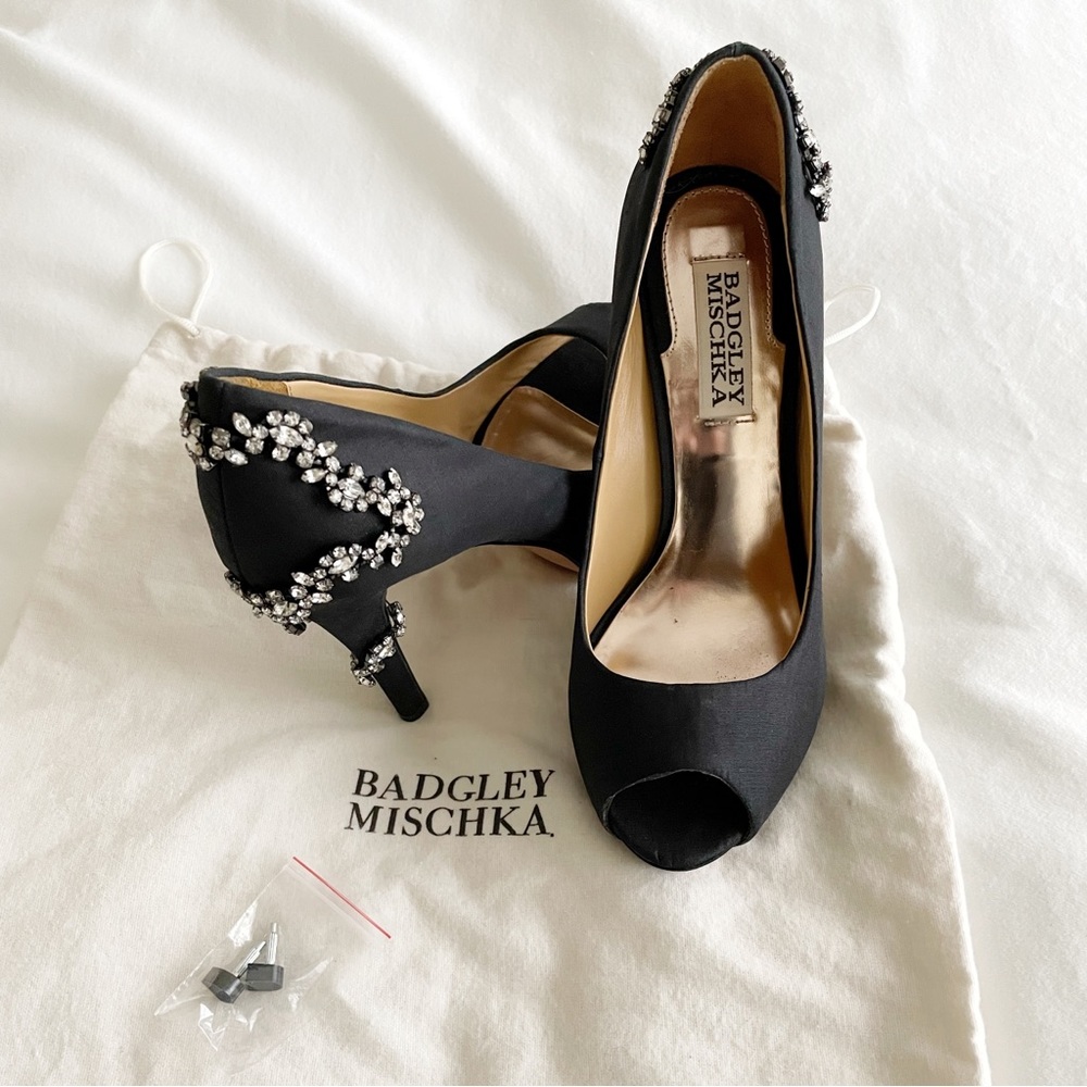 Badgley Mischka black satin Swarovski embellished heels.